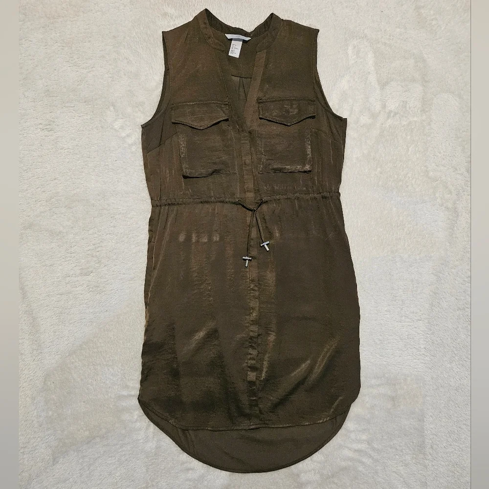 NEW H&M Green Khaki Dress Size 4 Utility Lightweight Silk Summer Casual - Picture 3 of 14
